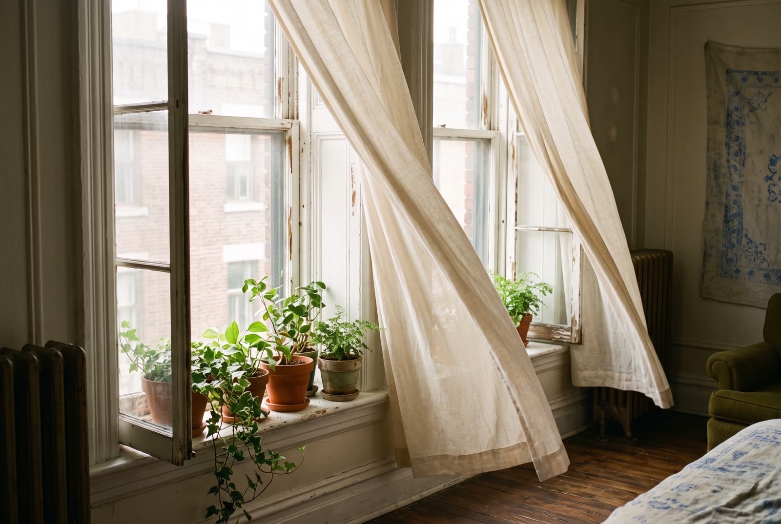 Long linen curtains moving at a tall old window, plants on the sill, morning light