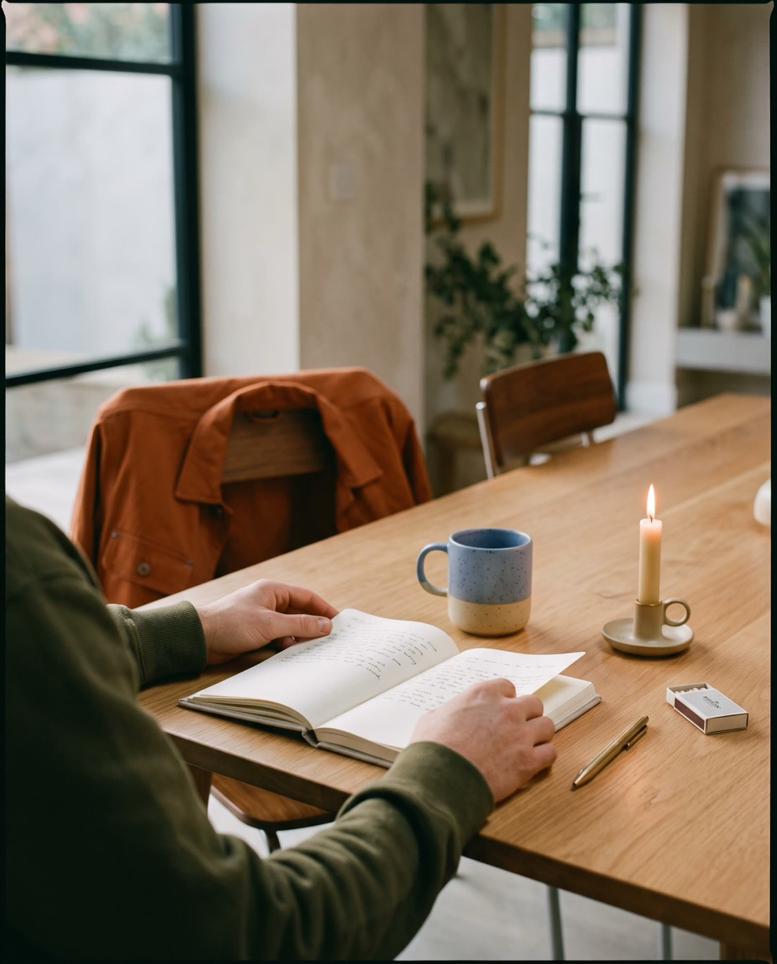 A man writing in an open notebook at a worn wooden table, a ceramic cup and a lit candle beside him